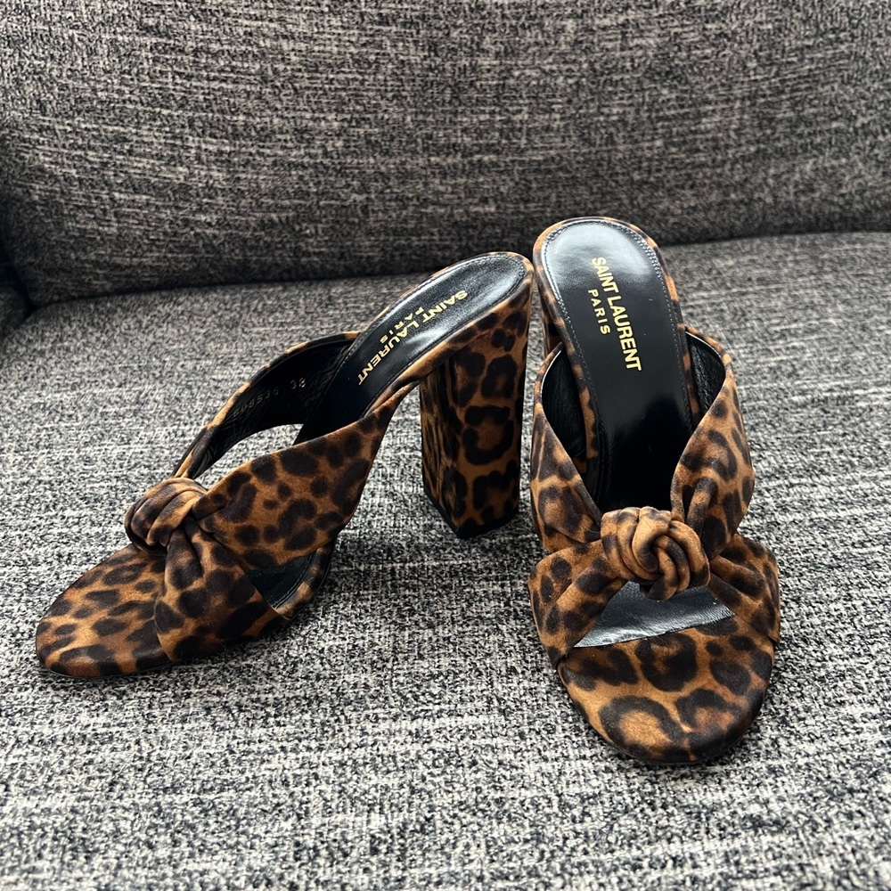 🖤🐆 YSL Bianca 100mm Leopard Print Suede Slip On Mules w Box & Bags 🐆🖤